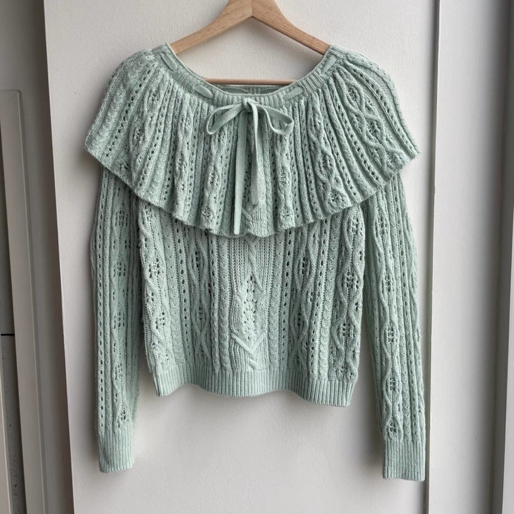 Broadway 38 Pointelle Green Coquette Sweater - Size M